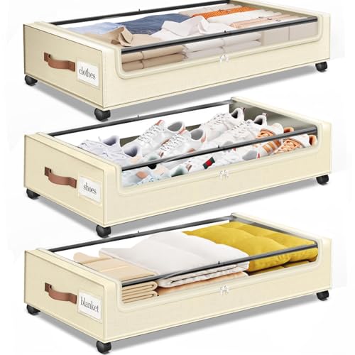 SpaceHacks Under Bed Storage with Wheels 3Pack Underbed Storage with Clear Window&Label Under Bed Drawers Large Capacity Rolling Under Bed Storage for Clothes,Shoes, Blankets (Beige) - color: Beige, size: 3 pack