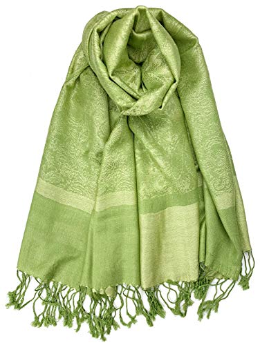 Plum Feathers Two Tone Vintage Paisley Pattern Pashmina Scarf - color: Pear Green Paisley