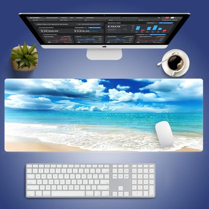 Wknoon. Extra Large Gaming & Office Mouse Pad (31.5" x 11.8") with Durable Stitched Edges – Tranquil Coastal Beach Scene with Clear Blue Waters and Puffy Clouds, Anti-Slip Base Extended XXL Desk Mat - color: Clear Blue Beach Scene