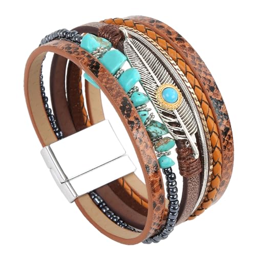 Fesciory Leopard Bracelet for Women, Boho Leather Wrap Multi-Layer Pearl Crystal Bracelet Bangle Jewelry - style: Feather(Brown)