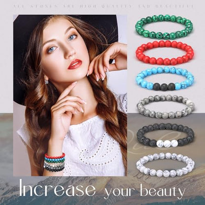 24 Pcs Gemstones Beaded Bracelets Bulk for Women Men 8mm Stretch Round Semi Precious Stone Bracelets Set - color: Classic