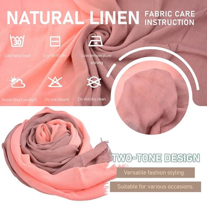 Two-tone Linen Scarf for Women Lightweight Summer Wrap Cotton Shawl Beach Travel Pashmina Gauze 75"×35" - color: Peach Pink/Light Khaki