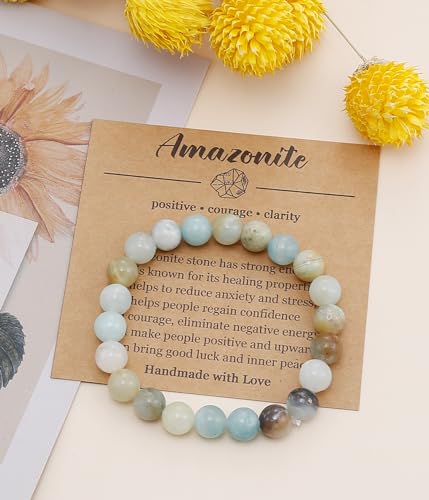 BOMAIL Natural Stone Bracelet for Women Men - 8MM Semi-Precious Gemstone Beaded Bracelet Healing Crystal Stretch Bracelet Yoga Bracelets Jewelry - color: Amazonite