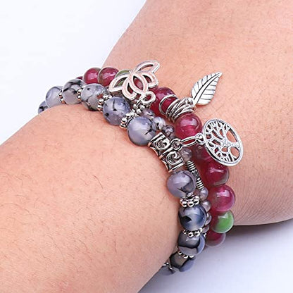 Tree of Life Yoga Healing Stone Bracelets,Multilayer Lotus Chakra Stone Reiki Bracelet Sets,Anxiety Crystal Natural Stone,for Women Stress Relief - style: Dragon pattern + flower jade