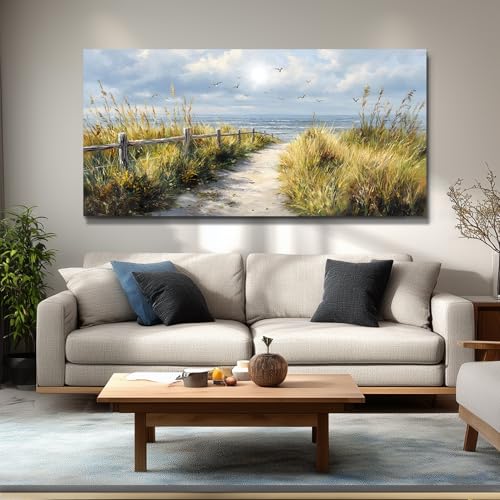 WLWBINTING Large Beach Wall Art Ocean Wall Decor Beach Decorations For Home Ocean Landscape Wall Art Canvas Prints Paintings Nautical Pictures For Living Room Bedroom Mural Office Modern Home Decor - color: Seaside Reeds Painting, size: 58"L x 29"W