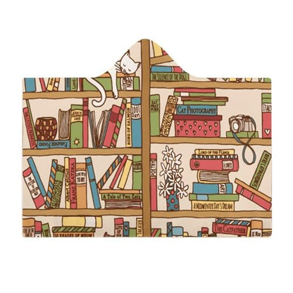 Sleeping Cat Library Bookshelf Large Size Comfortable Hooded Blanket, Warm Blanket 40"x50" - color: Sleeping Cat Library Bookshelf, size: 40"x50"