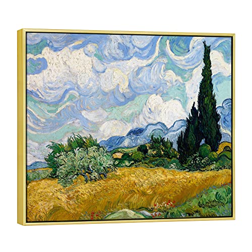 Wieco Art Framed Wall Art Canvas Prints of Wheat Field with Cypresses by Van Gogh Paintings Reproduction Abstract Artwork for Wall Decor Golden Frame - size: 16"L x 12"W