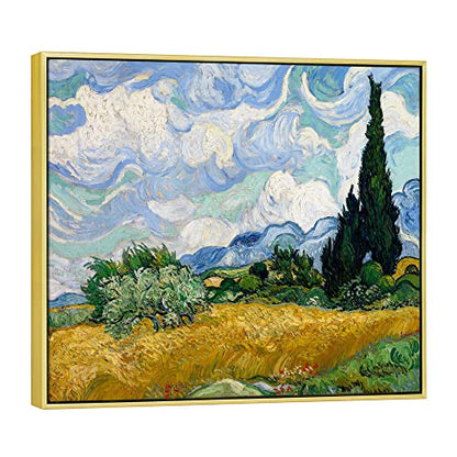 Wieco Art Framed Wall Art Canvas Prints of Wheat Field with Cypresses by Van Gogh Paintings Reproduction Abstract Artwork for Wall Decor Golden Frame - size: 16"L x 12"W