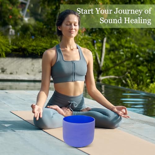 432HZ 8 Inchs A Note Indigo Frosted Crystal Singing Bowl for Meditation Healing Yoga Chakra Quartz Crystal Sound Bowls with Heavy Duty Carry Case and Rubber Mallet,Suede Striker,O-rings