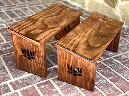 Hand Crafted Red Mahogany Stain Meditation Bench with Lotus Flower Legs.