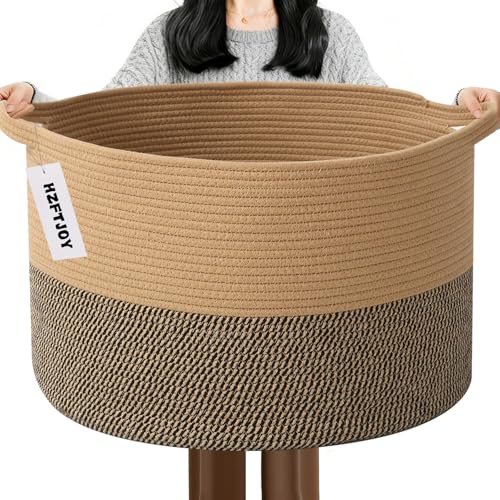 65L Large Blanket Basket,19.7" L x 19.7" W x 13" H Rope Woven Baskets with Handles, Toys Storage Bins,Laundry Basket Perfect for Living Room, Nursery,Bedroom,Home Organization,Jute&Black - color: Jute&Black, size: 19.7"L x 19.7"W x 13"H(65L)