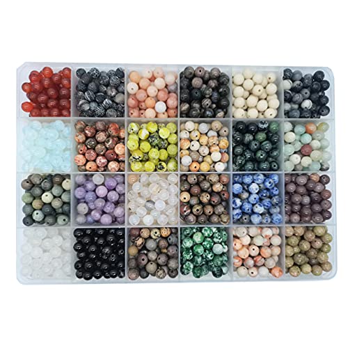 1200pcs 6mm Natural Round Stone Beads - Gemstone Loose Beads Hole Size 1mm for Bracelet Necklace Earrings Jewelry Making, Box Packed (24 Material-2, 6mm) - color: 24 material -2,6mm, size: 6mm