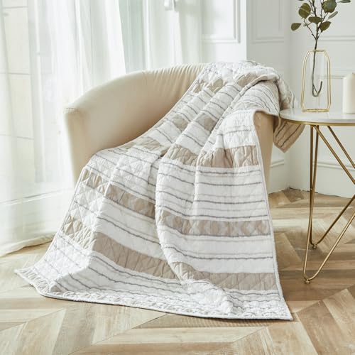 Brandream Cotton Quilted Throw Blanket – Lightweight Striped Design for All-Season Use Cozy Beige and White Throw for Sofa, Chair, or Bed