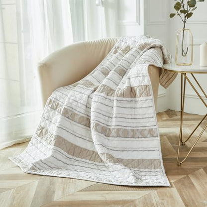 Brandream Cotton Quilted Throw Blanket – Lightweight Striped Design for All-Season Use Cozy Beige and White Throw for Sofa, Chair, or Bed