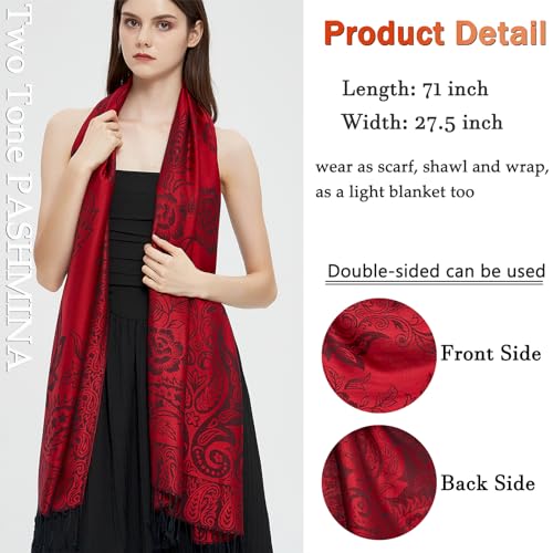 Pashmina Shawl Wrap with Ethnic Paisley Two Tone Jacquard Scarf for Women - color: Paisley-black Red