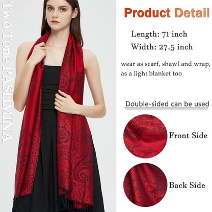 Pashmina Shawl Wrap with Ethnic Paisley Two Tone Jacquard Scarf for Women - color: Paisley-black Red
