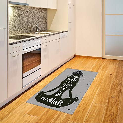 Ambesonne Meditation Area Rug, Keep Calm Do Yoga and Meditate Lettering with Silhouette of Woman in Lotus, Flat Woven Accent Rug for Living Room Bedroom Dining Room, 2' 6" x 5', Dark Green Grey