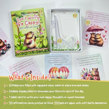 50 Capybara Affirmation Cards – Positive Messages for Happiness, Gratitude, Confidence & Mindfulness – Illustrated Self-Care Deck with Display Stand – Gift for Kids, Teens, Adults & Capybara Lovers - style: Don’t Worry, Be Cappy