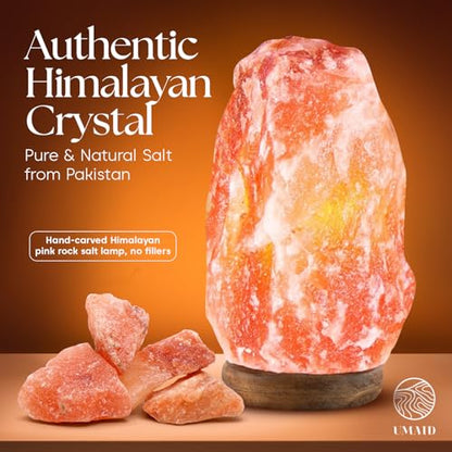 UMAID Himalayan Salt Lamp 8–10"(7–11 lb) Dimmable Pink Rock Salt Lamp with Wooden Base & Night Light Bulb, Spa Decor for Meditation Room, Massage Stones Ambiance, Desk & Bedroom,Gifts for Men & Women - style: Modern Salt Lamp