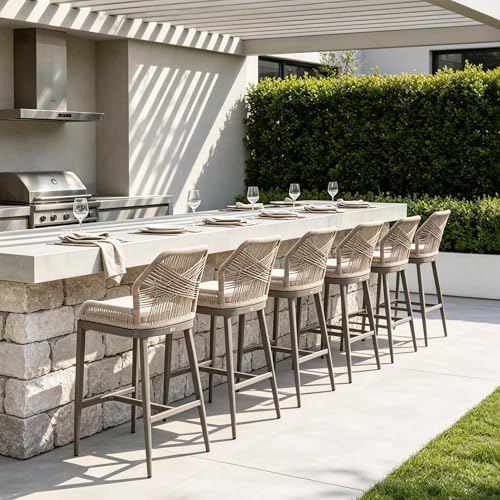 PURPLE LEAF Counter Height Bar Stools Set of 2 Rattan Woven Aluminum Modern Barstools with Back and Arms for Patio Balcony Pool Outdoor Accent Counter Stool Chairs - color: Classic/Light Grey, size: 2pc-24.8"h