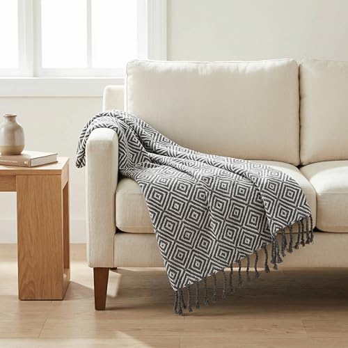 THE BEER VALLEY Cotton Throw Blanket 50x60 with Fringes – Charcoal Farmhouse Diamond Woven, Super Soft Lightweight Blanket for Couch, Sofa, Chair, Bed, Camping | Grey White Boho Home Decor - color: Charcoal White Diamond