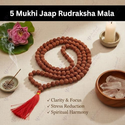 Arihant Gems & Jewels 5 Mukhi Rudraksha Jaap Mala, Natural Nepali Rudraksha Beads, Spiritual Japa Mala for Men & Women, Meditation - Spiritual Necklace for Positivity & Protection