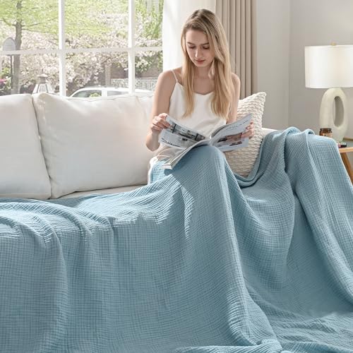 Esterra Muslin Throw Blanket 50x65 Inches Cozy Soft Lightweight Pre-Washed Cotton Blanket, All Season Breathable 4-Layer Gauze Blanket Throw for Sofa Couch Bed, Sky Blue - color: 09 - Sky Blue, size: Throw (50"x65")