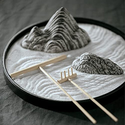 Desktop Decoration Dry Mountain Japanese-Style Zen Decoration Tea Ceremony Porch Study Room Model Room Decoration Ceramic Rockery Round Tray Desktop Decor for Office