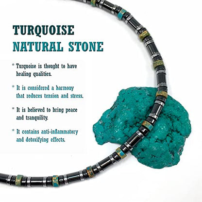 Healing Stress Anxiety Meditation Grounding Energy Gemstone Necklace Series - color: Turquoise & Hematite -6 mm- Stone Tube Beads