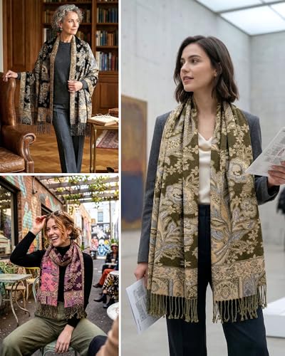 Achillea Elegant Paisley Floral Pashmina Shawl and Wrap – Boho Rave Scarf for Festival, Travel & Everyday Wear - color: Olive Green