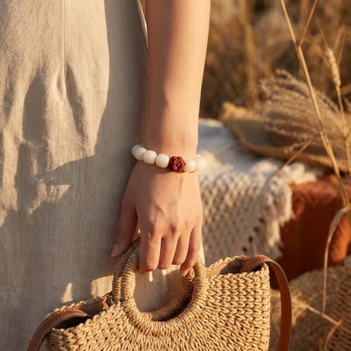 White Jade Bodhi Seed Bracelet for Women Healing Anxiety Relief Jewelry - Natural Bodhi Seeds with Red Lion Amulet - Spiritual Yoga & Meditation Gift for Her