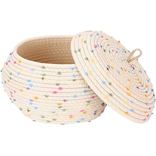 Sea Team Round Cotton Rope Storage Basket with Lid, Colorful Rainbow Pompom Woven Storage Bin, Pot, Caddy, Organizer, Container for Snacks, Towels, Plants, 10 x 7.5 Inches (Small, Rainbow) - color: Rainbow, size: Small