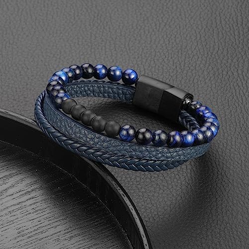Leather Bead Bracelets for Men, Natural Tiger Eye Lava Rock Stone Bead Magnetic Clasp Adjustable Leather Bracelets Stress Relief Mens Anxiety Bracelet Mens Jewelry Gifts - style: Blue Leather-Blue Tiger Eye&Matte Agate