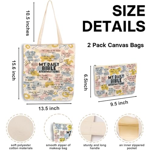 Daily Affirmations for Women Faith Christian Gifts，2PCS Cosmetic Bag Canvas Tote Bag Beach Bags with Pocket Makeup Bags，Scripture Bible Verse Mental Health Gifts for Female Friend Birthday Christmas - color: Bible Affirmations 0938