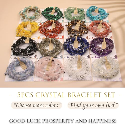 5Pcs Healing Crystal Bracelet for Women Men, Handmade Adjustable Gemstone Bracelets Beaded Reiki Energ Bracelet Set Jewelry Gifts for Women Men - color: Lapis lazuli