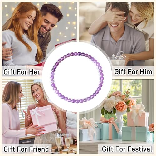 MAIBAOTA Healing Crystal Bracelet for Women Men, 8/4 mm Natural Stone Beaded Bracelets, Jewelry Birthday Gifts, Round Gemstones Stretch Bracelets - color: Purple-Amethyst, size: 4 mm