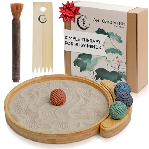 Japanese Zen Garden Kit for Desk – 12” Bamboo Sand Garden Zen Décor | Meditation Gift | Sensory Therapy Tool for Mindfulness & Emotional Wellness - style: Ren Zen Garden & Accessories