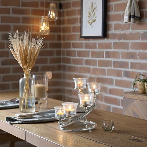 1Pc Silver 5-arm Metal & Glass Tea Light Candle Holders for Table Centerpiece, Glass Votive Tealight Holders/Candelabra Candlestick Holders for Wedding,Party, Anniversary,Christmas - color: Silver