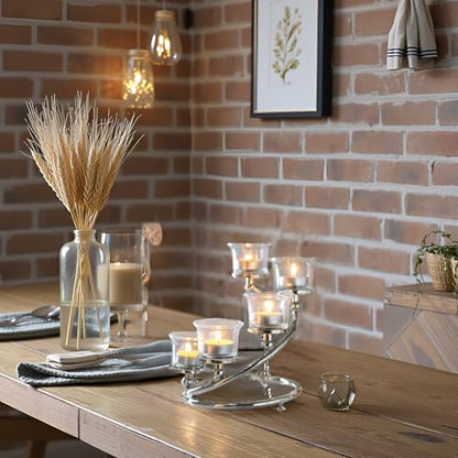 1Pc Silver 5-arm Metal & Glass Tea Light Candle Holders for Table Centerpiece, Glass Votive Tealight Holders/Candelabra Candlestick Holders for Wedding,Party, Anniversary,Christmas - color: Silver