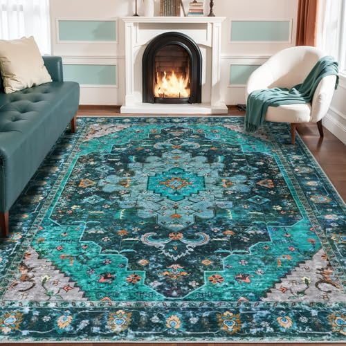 Ciicool 8X10 Area Rugs for Living Room,Washable Large Oriental Non-Slip Carpet for Bedroom Dining Room,Boho Thin Throw Rug for Kitchen - color: Teal/Multi, size: 8' X 10' (Rectangular)