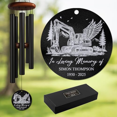 Personalized Excavator Memorial Wind Chime – “in Loving Memory” Custom Engraved Name & Years – Construction Worker Sympathy Gift – Memorial Windchime for Loss of Loved One – Tribute Garden Décor - size: ExcavatorWC 1
