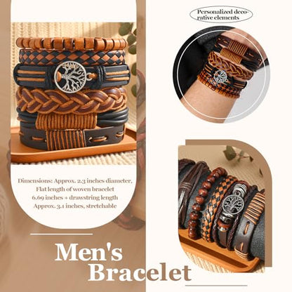 6Pcs Braided Bracelets for Men Women Wrap Wood Beads Cuff Handmade Wrap Wristband Bracelets Set Adjustable