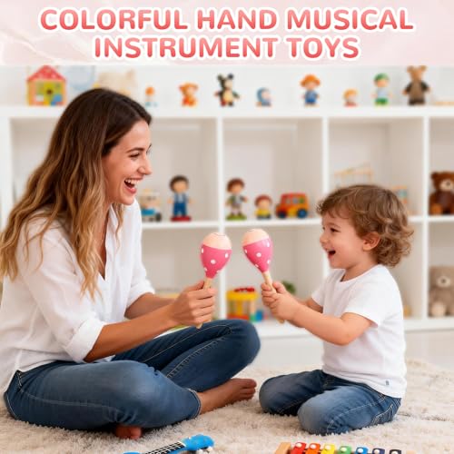2 Pcs Maracas, 9 Inch Hand Percussion Rattles, Wooden Rumba Shaker Hand Musical Instruments with Clear Rhythm for Music Learning (Pink Smile-9 Inch) - color: Pink Smile-9 Inch
