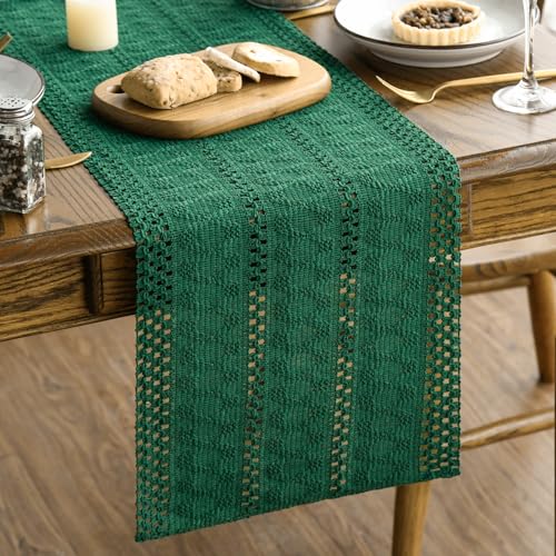 Artoid Mode Dark Green Farmhouse Woven Rustic Hollow Table Runner, Seasonal Holiday Kitchen Dining Table Decoration for Home Party Decor 12x36 Inch - color: Dark Green, size: 12" x 36", Table Runner