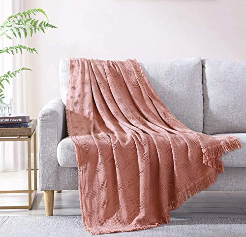 Woven Throw Blanket Textured Super Soft Lightweight Cotton Knitted Blanket, Salmon, 50" x 70" - color: Salmon