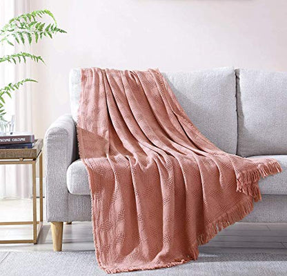 Woven Throw Blanket Textured Super Soft Lightweight Cotton Knitted Blanket, Salmon, 50" x 70" - color: Salmon