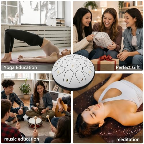 Rain Drum for Outside Garden, MIUYA 6 Inch 11 Notes Steel Tongue Drum for Adults, Beginner Percussion Instrument for Meditation Yoga, Cloud White - color: Cloud White