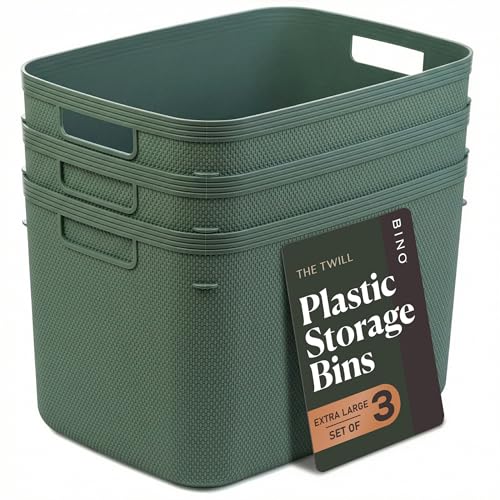 BINO | Plastic Storage Bins, 20 Liter - 3 Pack, Desert Green | THE TWILL COLLECTION | Plastic Bins for Organization | Woven Storage Baskets for Organizing Pantry Shelf Organizer Basket Container Bin - color: Desert Green, size: 20L | 3-Pack
