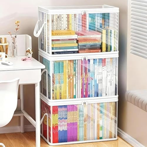 3pcs Storage Box Large Transparent - 180° Flip Cover Heavy-Duty Space-Saving Organizer for Books/Clothes/Documents (white)