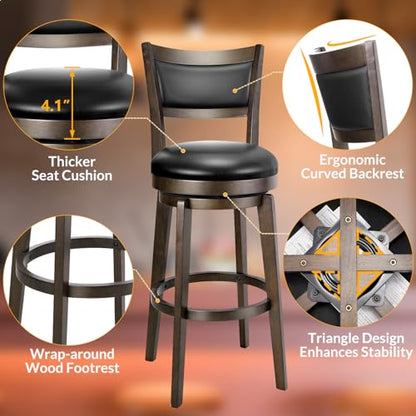 PrimeZone Swivel Bar Stools Set of 2, 30 Inch Bar Height Barstools, Black Faux Leather Bar Stool with High Backrest & Solid Wood Legs & Wrap-Around Footrest, Counter Stools for Kitchen Island, Pub - size: 30" Bar Height